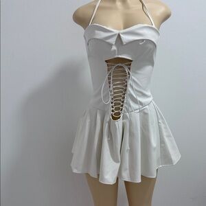 Elegant White Faux Leather Halter Dress